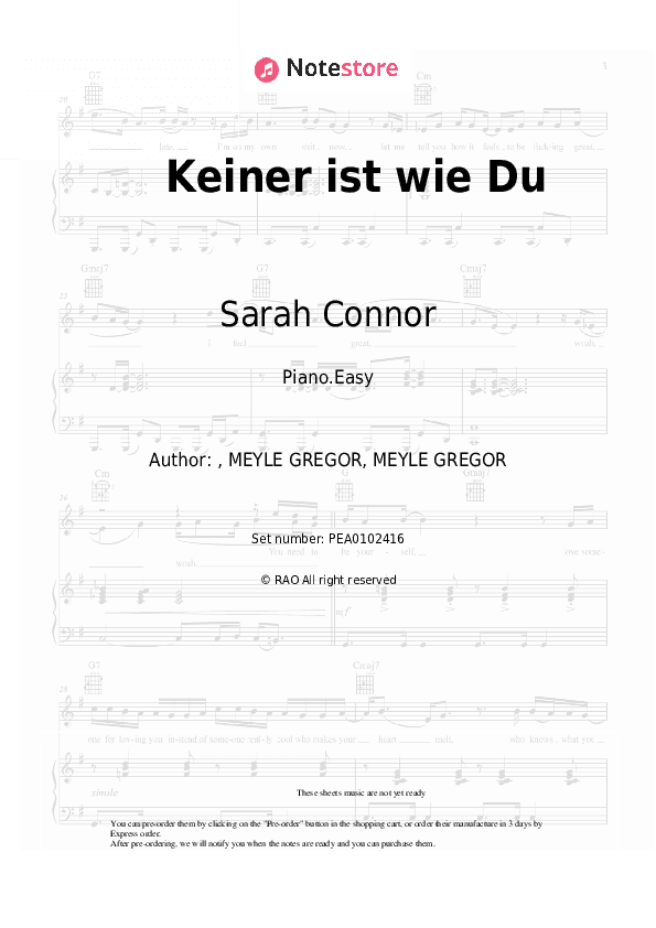 Keiner ist wie Du - Sarah Connor Piano Sheet Music Easy - Piano.Easy