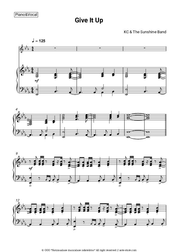 Give It Up - KC & The Sunshine Band Piano Sheet Music with the Voice part - Piano&Vocal