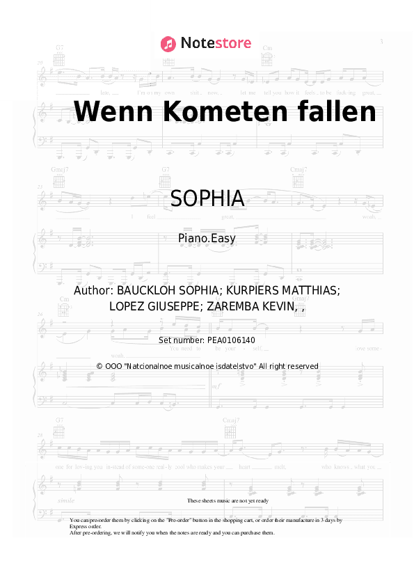 Wenn Kometen fallen - SOPHIA Piano Sheet Music Easy - Piano.Easy