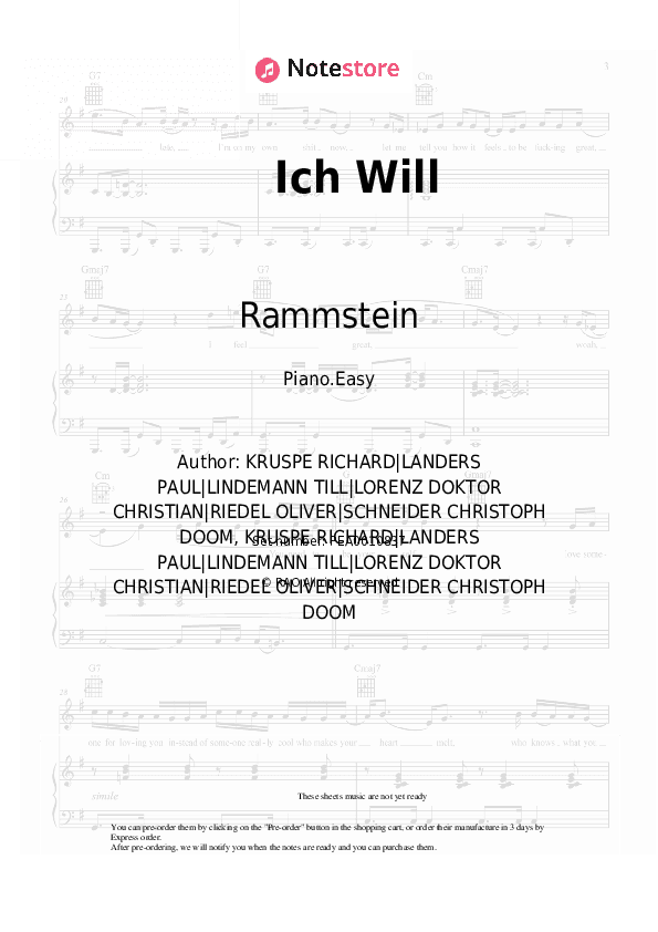 Ich Will - Rammstein Piano Sheet Music Easy - Piano.Easy