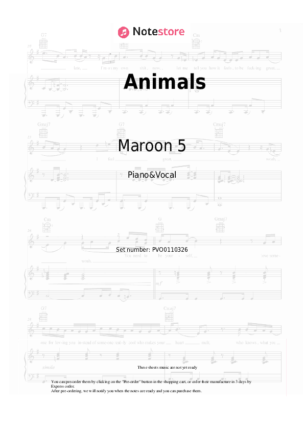 Animals - Maroon 5 Piano Sheet Music with the Voice part - Piano&Vocal