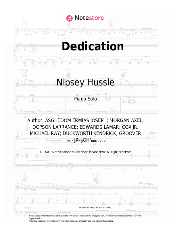 Dedication - Nipsey Hussle, Kendrick Lamar Piano Sheet Music - Piano.Solo