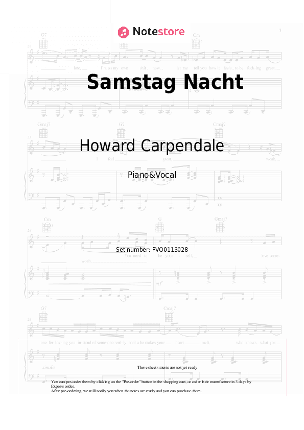 Samstag Nacht - Howard Carpendale Piano Sheet Music with the Voice part - Piano&Vocal
