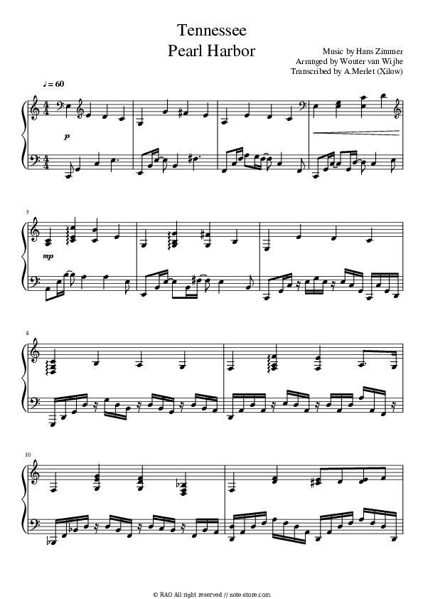 Tennessee (Pearl Harbor Ost) - Hans Zimmer Piano Sheet Music - Piano.Solo