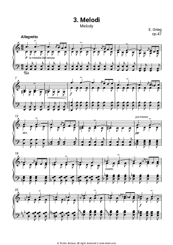 Lyric Pieces, op.47. No. 3 Melody - Edvard Hagerup Grieg Piano Sheet Music - Piano.Solo