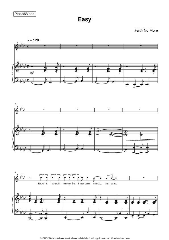 Easy - Faith No More Piano Sheet Music with the Voice part - Piano&Vocal