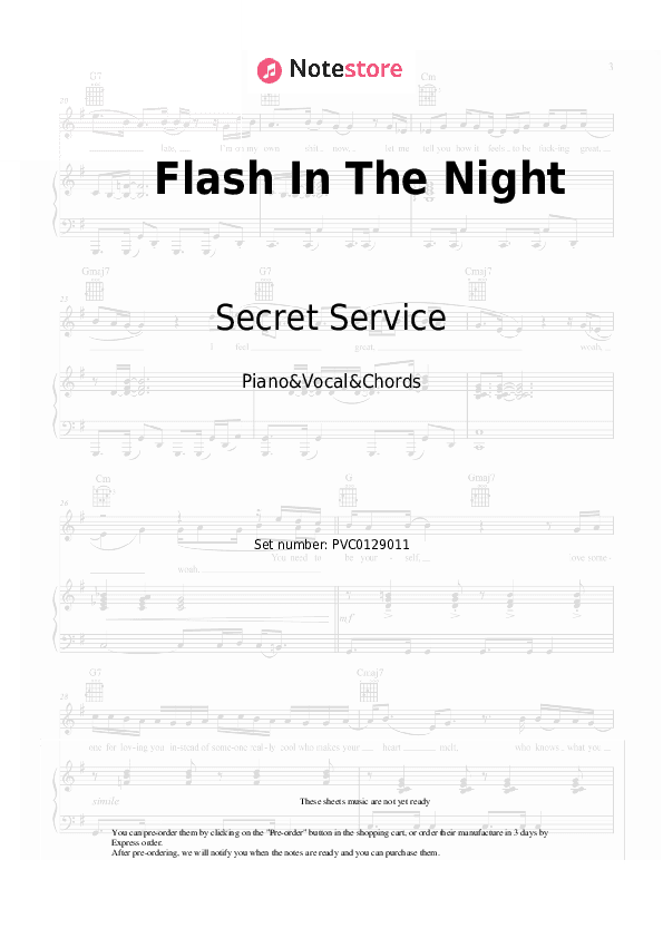 Flash In The Night - Secret Service Piano Sheet Music with the Vocal and Chords - Piano&Vocal&Chords