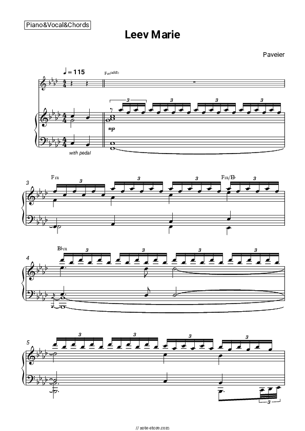 Leev Marie - Paveier Piano Sheet Music with the Vocal and Chords - Piano&Vocal&Chords