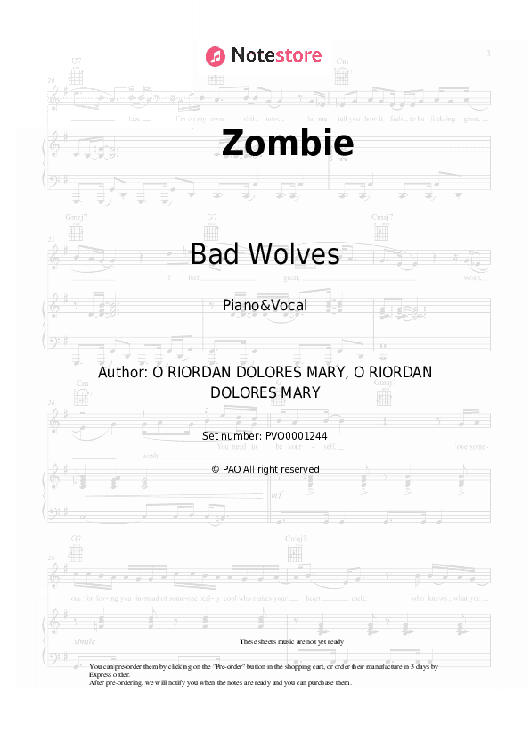 Zombie - Bad Wolves Piano Sheet Music with the Voice part - Piano&Vocal