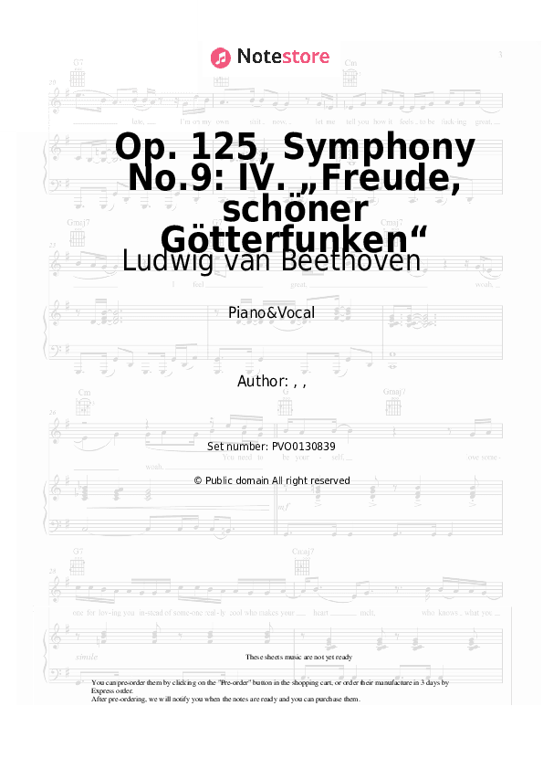 Op. 125, Symphony No.9: IV. „Freude, schöner Götterfunken“ - Ludwig van Beethoven Piano Sheet Music with the Voice part - Piano&Vocal