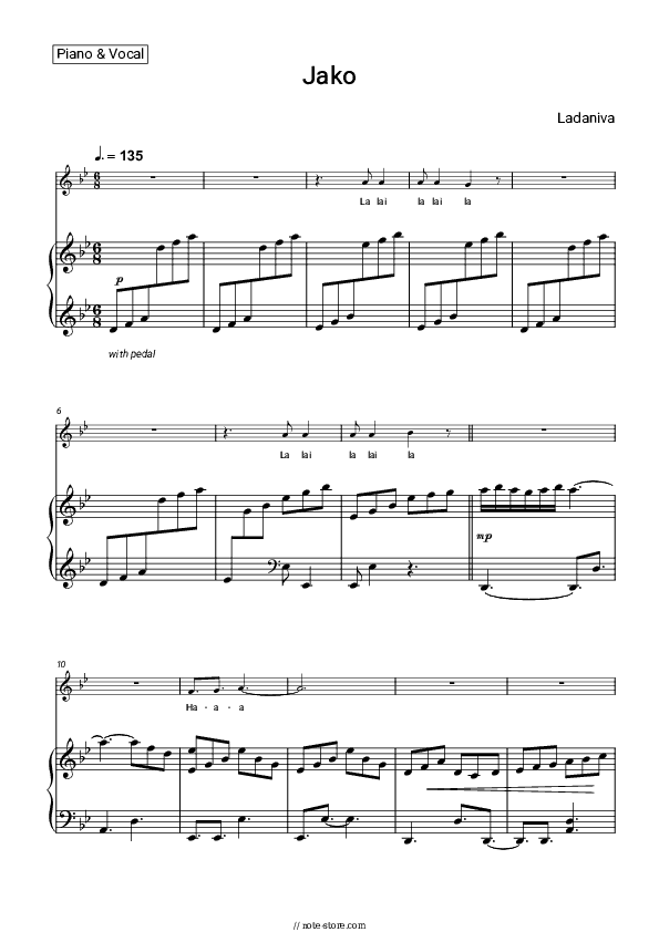 Jako - Ladaniva Piano Sheet Music with the Voice part - Piano&Vocal