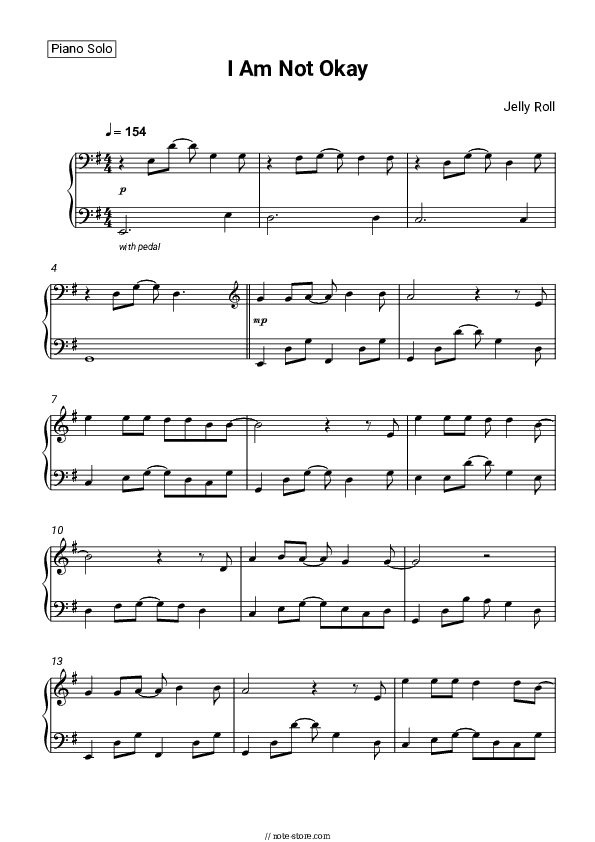 I Am Not Okay - Jelly Roll Piano Sheet Music - Piano.Solo