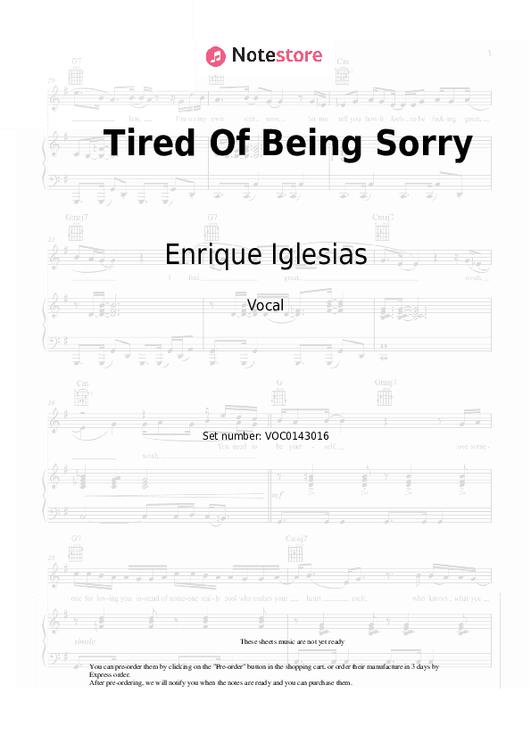 Tired Of Being Sorry - Enrique Iglesias Vocal Sheet Music - Vocal