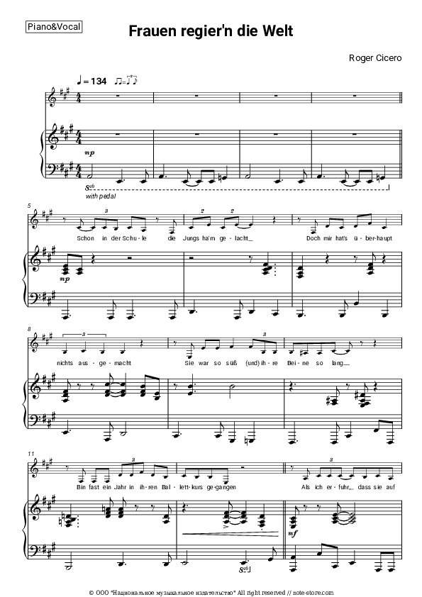 Frauen regier'n die Welt - Roger Cicero Piano Sheet Music with the Voice part - Piano&Vocal
