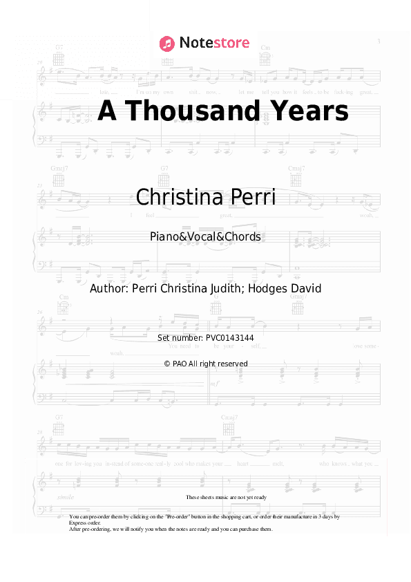 A Thousand Years - Christina Perri Piano Sheet Music with the Vocal and Chords - Piano&Vocal&Chords