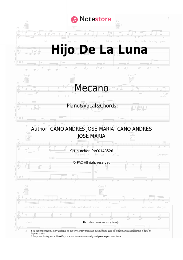 Hijo De La Luna - Mecano Piano Sheet Music with the Vocal and Chords - Piano&Vocal&Chords