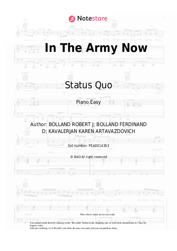 In The Army Now - Status Quo Piano Sheet Music Easy - Piano.Easy