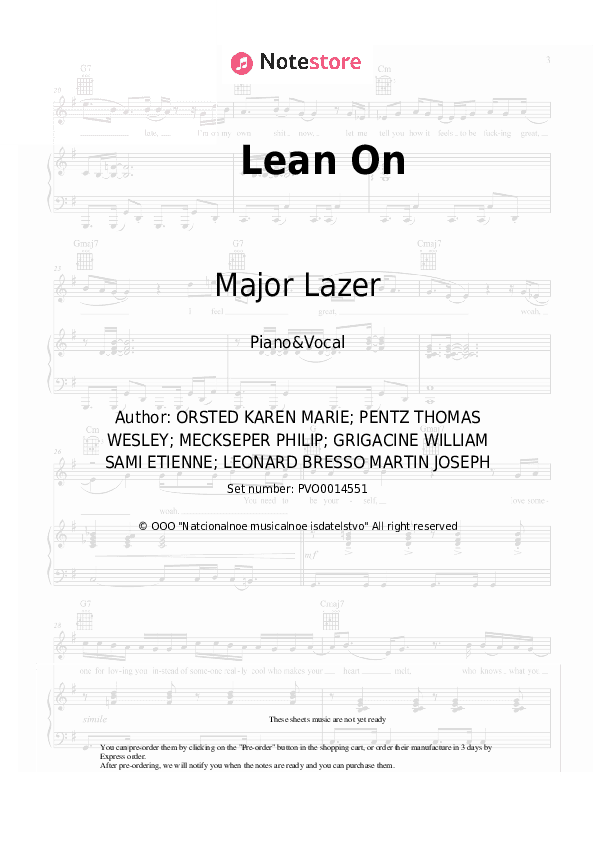 Lean On - Major Lazer, DJ Snake, MØ Piano Sheet Music with the Voice part - Piano&Vocal