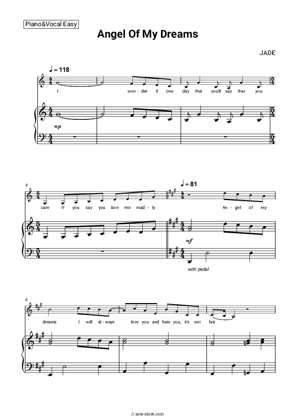 Angel Of My Dreams - JADE Piano Sheet Music Easy and Vocal - Piano&Vocal.Easy