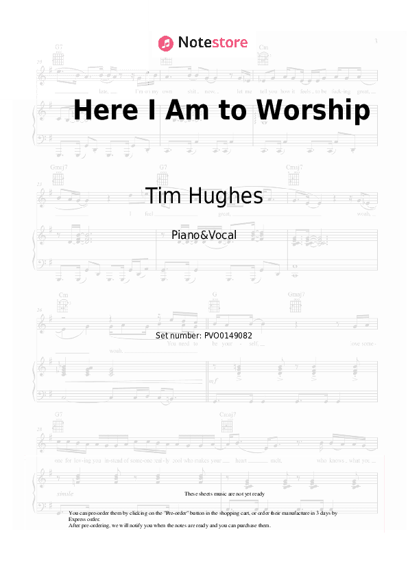 Here I Am to Worship - Tim Hughes Piano Sheet Music with the Voice part - Piano&Vocal