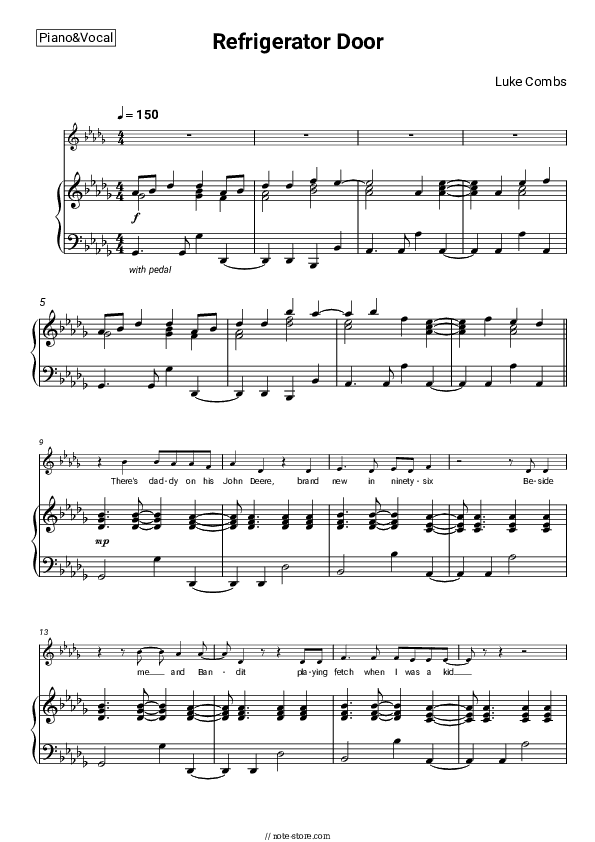 Refrigerator Door - Luke Combs Piano Sheet Music with the Voice part - Piano&Vocal