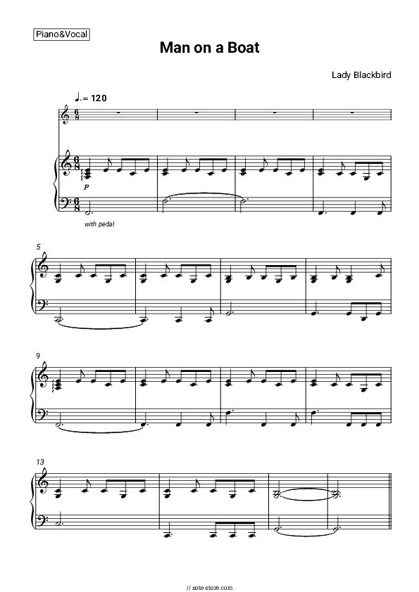 Man on a Boat - Lady Blackbird Piano Sheet Music with the Voice part - Piano&Vocal