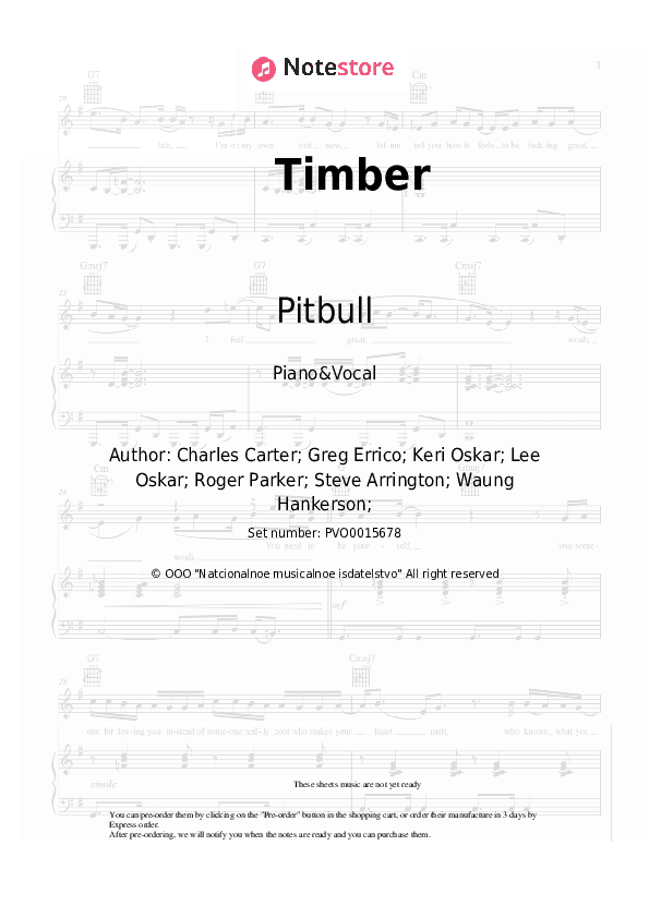 Timber - Pitbull, Ke$ha Piano Sheet Music with the Voice part - Piano&Vocal