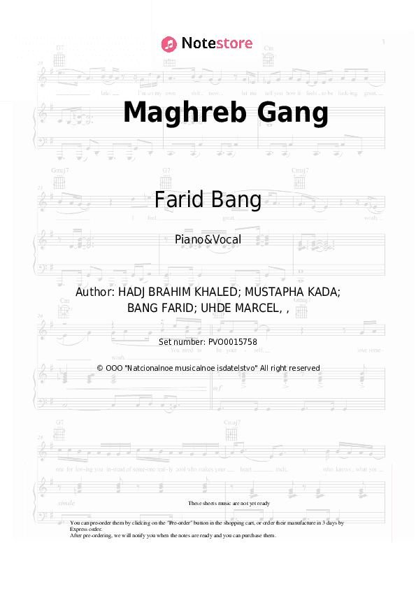 Maghreb Gang - Farid Bang, French Montana, DJ Khaled Piano Sheet Music with the Voice part - Piano&Vocal
