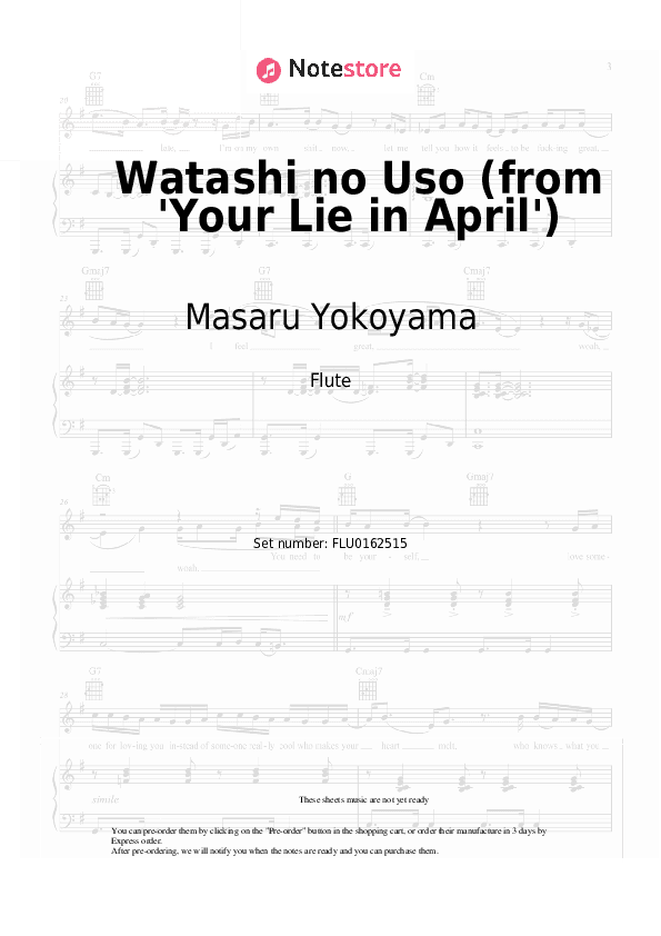 Watashi no Uso (from 'Your Lie in April') - Masaru Yokoyama Flute Sheet Music - Flute