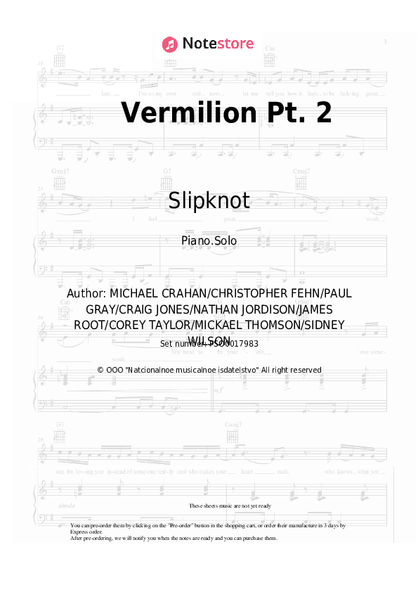 Vermilion Pt. 2 - Slipknot Piano Sheet Music - Piano.Solo