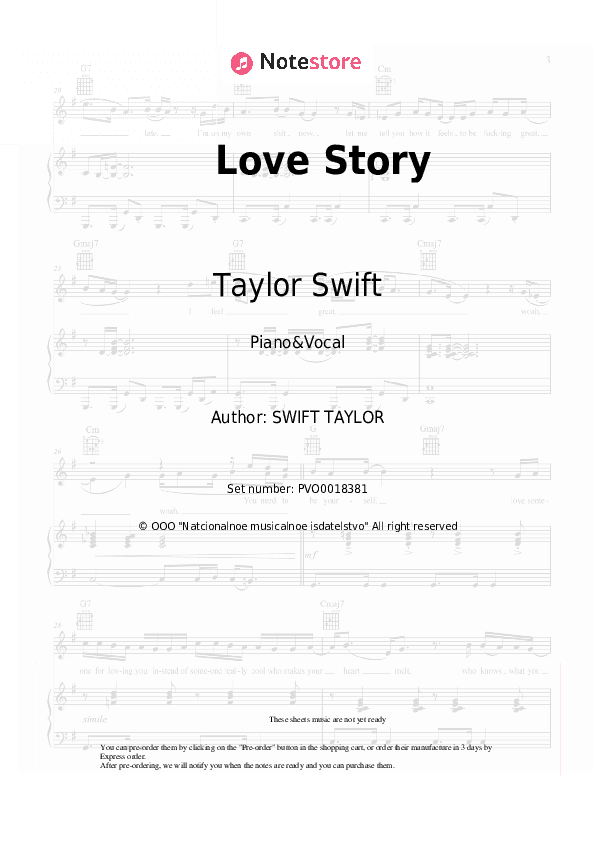 Love Story - Taylor Swift Piano Sheet Music with the Voice part - Piano&Vocal