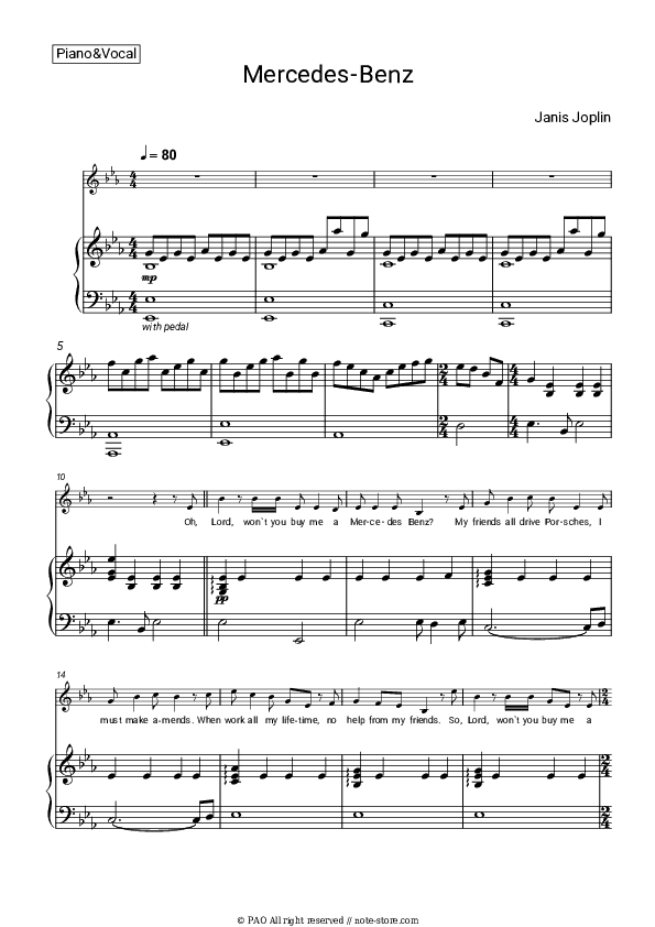 Mercedes Benz - Janis Joplin Piano Sheet Music with the Voice part - Piano&Vocal