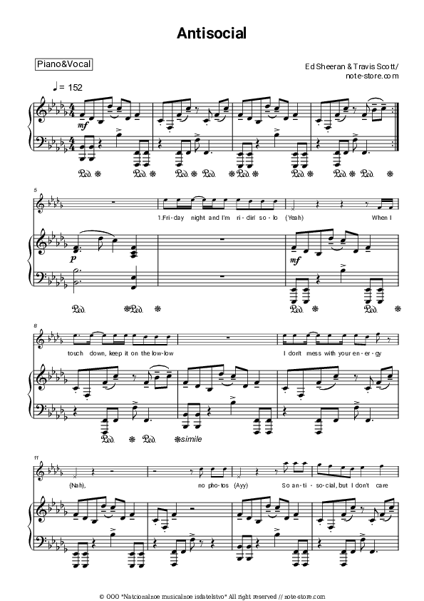 Antisocial - Ed Sheeran, Travis Scott Piano Sheet Music with the Voice part - Piano&Vocal