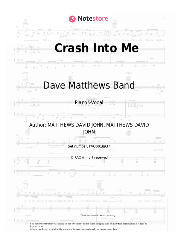 Crash Into Me - Dave Matthews Band Piano Sheet Music with the Voice part - Piano&Vocal