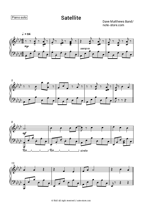 Satellite - Dave Matthews Band Piano Sheet Music - Piano.Solo