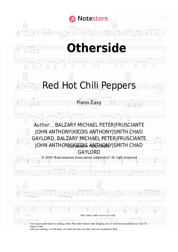 Otherside - Red Hot Chili Peppers Piano Sheet Music Easy - Piano.Easy