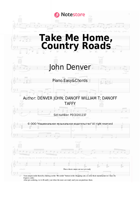 Take Me Home, Country Roads - John Denver Sheet Music Easy and Chords - Piano.Easy&Chords