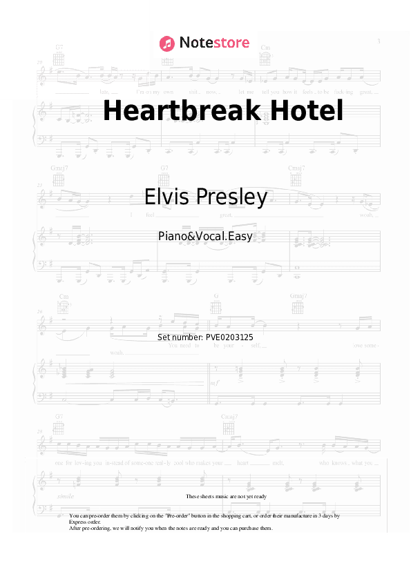 Heartbreak Hotel - Elvis Presley Piano Sheet Music Easy and Vocal - Piano&Vocal.Easy