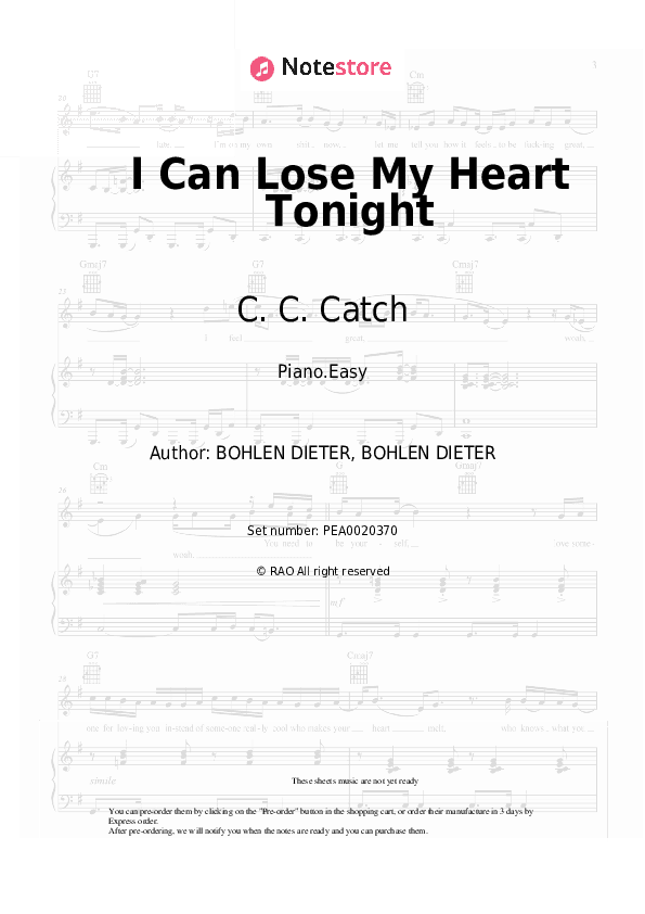 I Can Lose My Heart Tonight - C. C. Catch Piano Sheet Music Easy - Piano.Easy