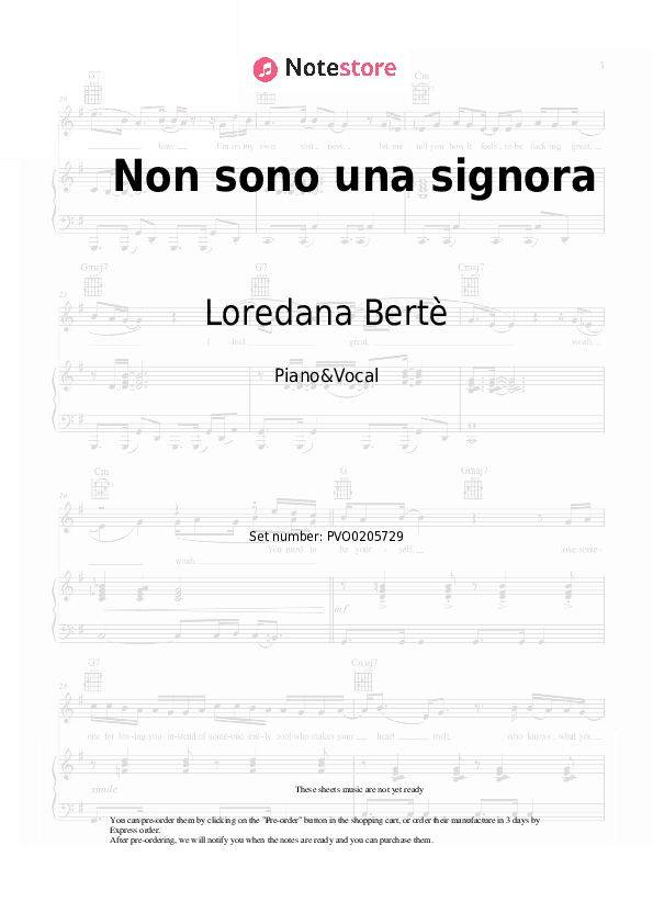 Non sono una signora - Loredana Bertè Piano Sheet Music with the Voice part - Piano&Vocal