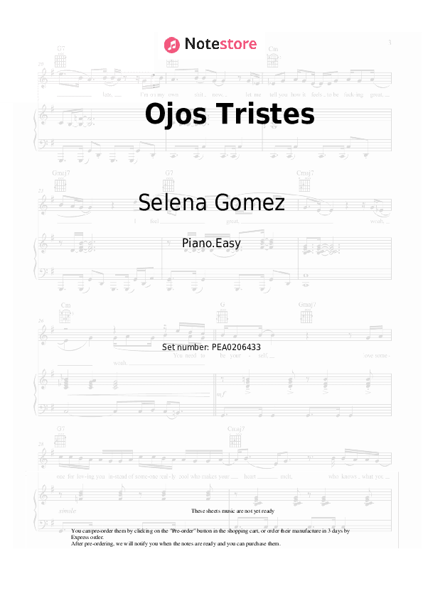 Ojos Tristes - Selena Gomez, Benny Blanco Piano Sheet Music Easy - Piano.Easy