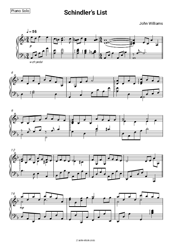 Schindler's List - John Williams Piano Sheet Music - Piano.Solo