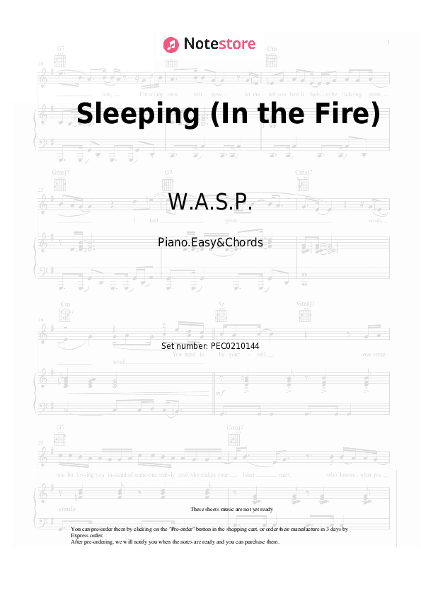 Sleeping (In the Fire) - W.A.S.P. Sheet Music Easy and Chords - Piano.Easy&Chords