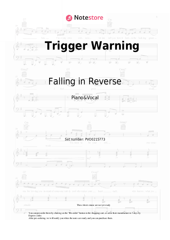 Trigger Warning - Falling in Reverse Piano Sheet Music with the Voice part - Piano&Vocal