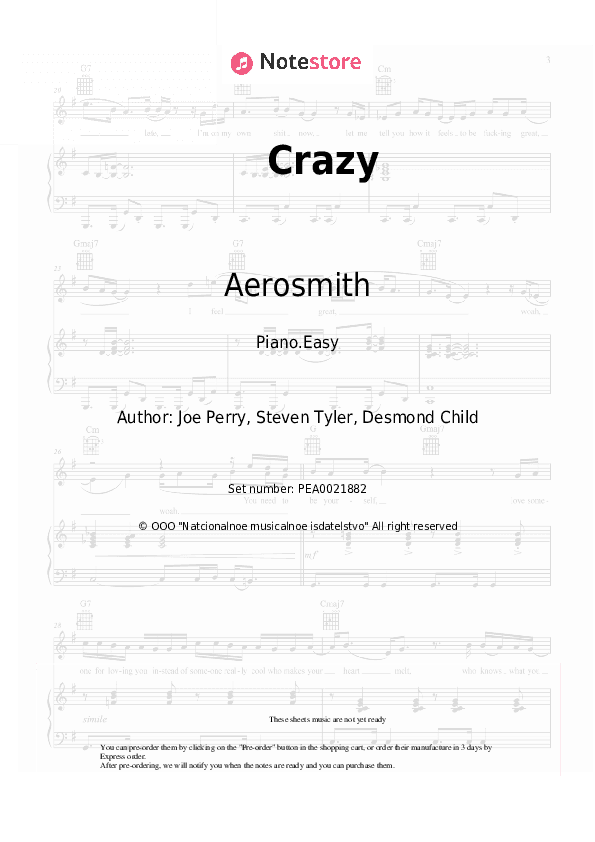 Crazy - Aerosmith Piano Sheet Music Easy - Piano.Easy