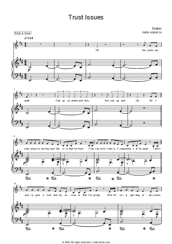 Trust Issues - Drake Piano Sheet Music with the Voice part - Piano&Vocal