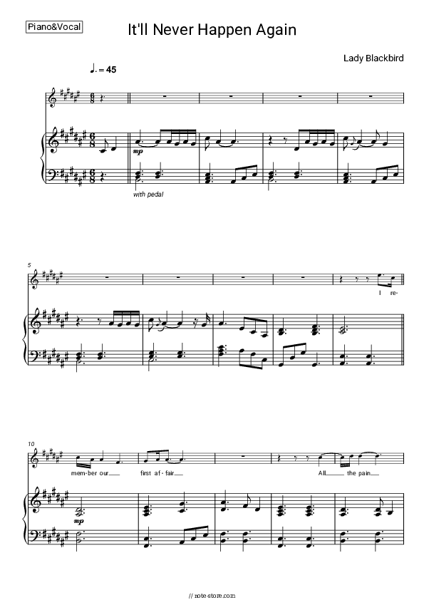 It’ll Never Happen Again - Lady Blackbird Piano Sheet Music with the Voice part - Piano&Vocal