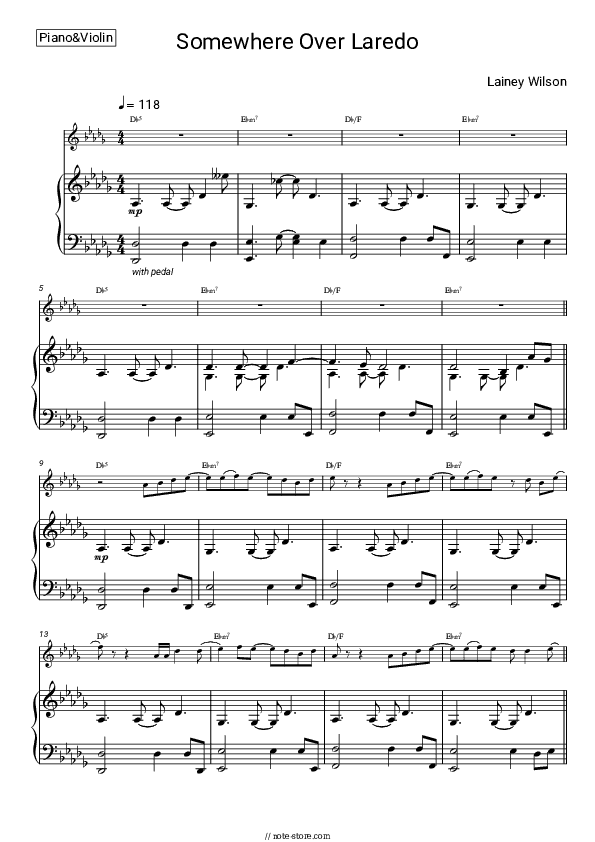 Somewhere Over Laredo - Lainey Wilson Piano Sheet Music and Violin - Piano&Violin