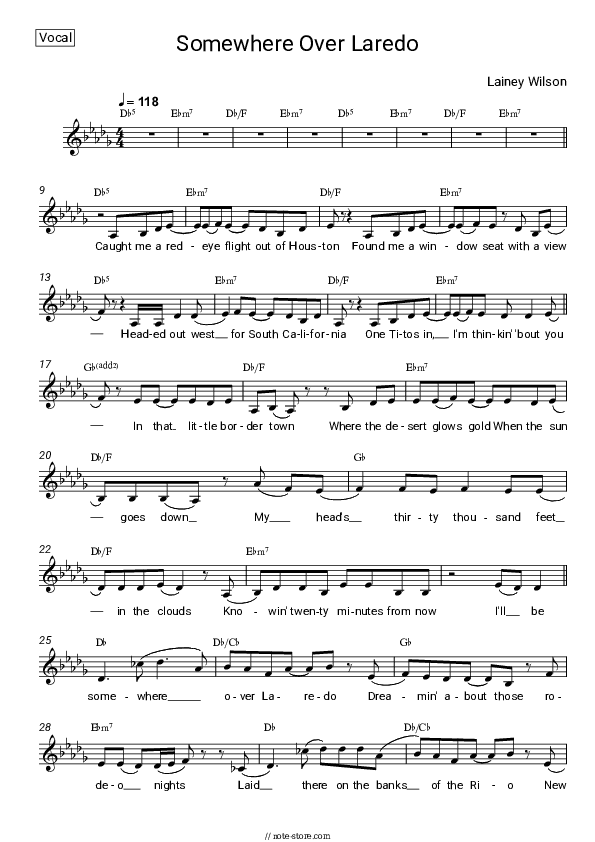 Somewhere Over Laredo - Lainey Wilson Vocal Sheet Music - Vocal