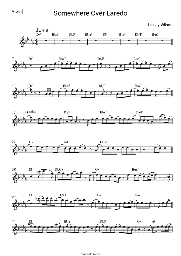 Somewhere Over Laredo - Lainey Wilson Violin Sheet Music - Violin